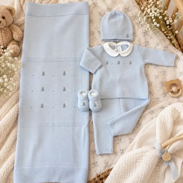 Coordinato nascita neonato pura lana celeste con coniglietti 4Pz | 7720110R4G3 | PPC