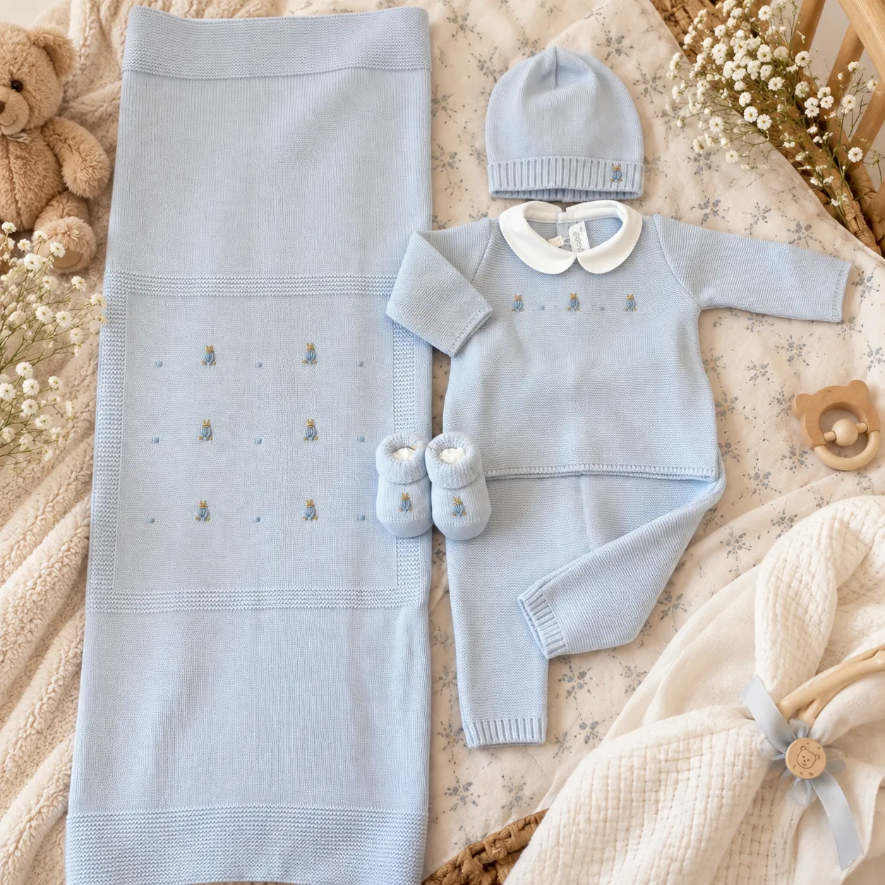 Coordinato nascita neonato pura lana celeste con coniglietti 4Pz | 7720110R4G3 | PPC