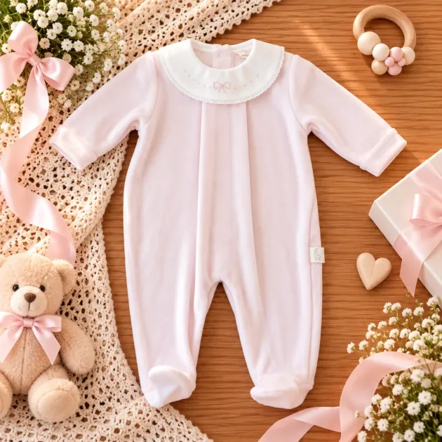 Tutina neonata in ciniglia rosa chiaro con colletto bianco e ricamo fiocco