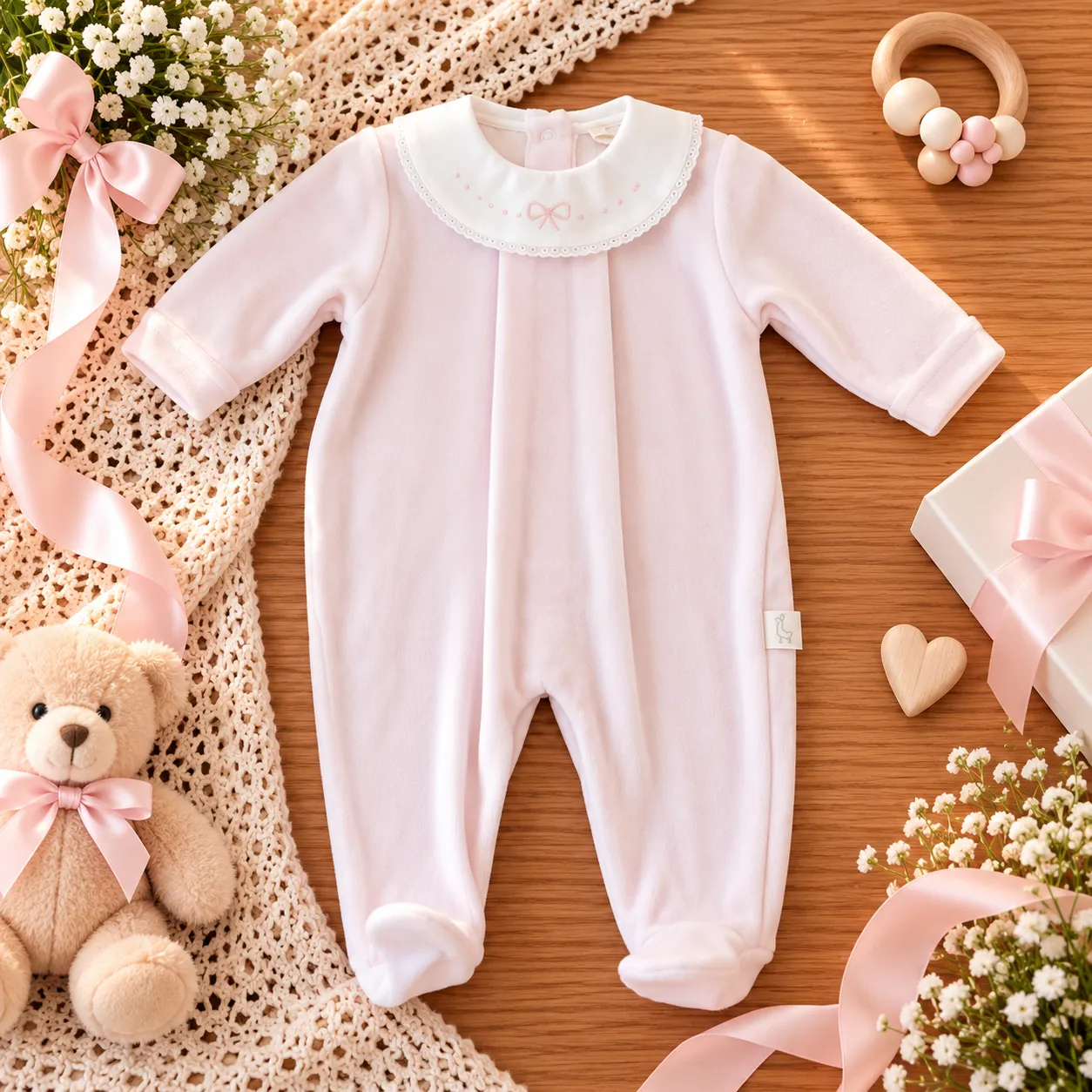 Tutina neonata in ciniglia rosa chiaro con colletto bianco e ricamo fiocco