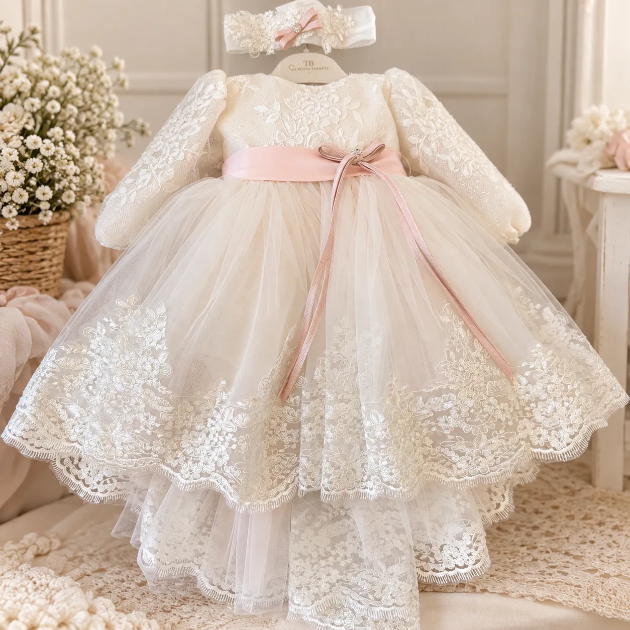 Abito battesimo bimba elegante con gonna in tulle ricamato