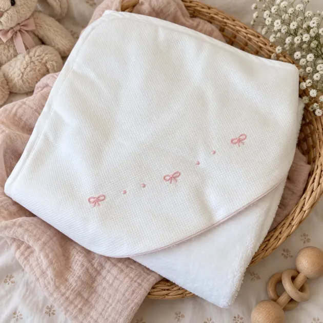 Triangolo spugna neonata con fiocchetti rosa | 4232016X3R3 | PPC
