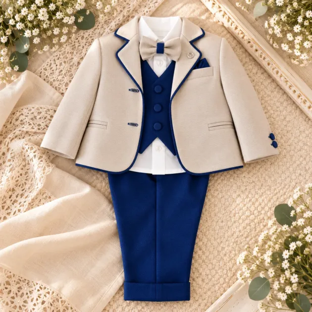 Completo cerimonia bambino beige e blu con giacca e papillon