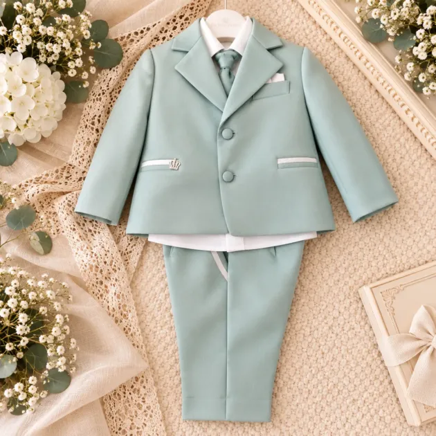 Completo battesimo bambino verde salvia Les Petits Enfants