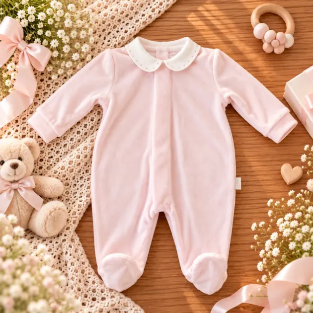 Tutina neonata in ciniglia rosa chiaro con colletto bianco