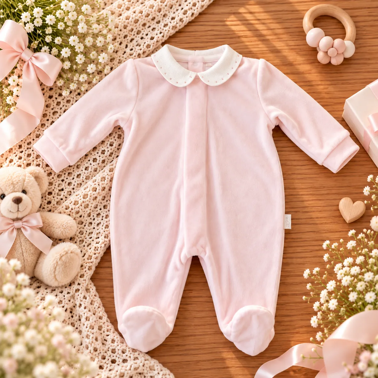 Tutina neonata in ciniglia rosa chiaro con colletto bianco