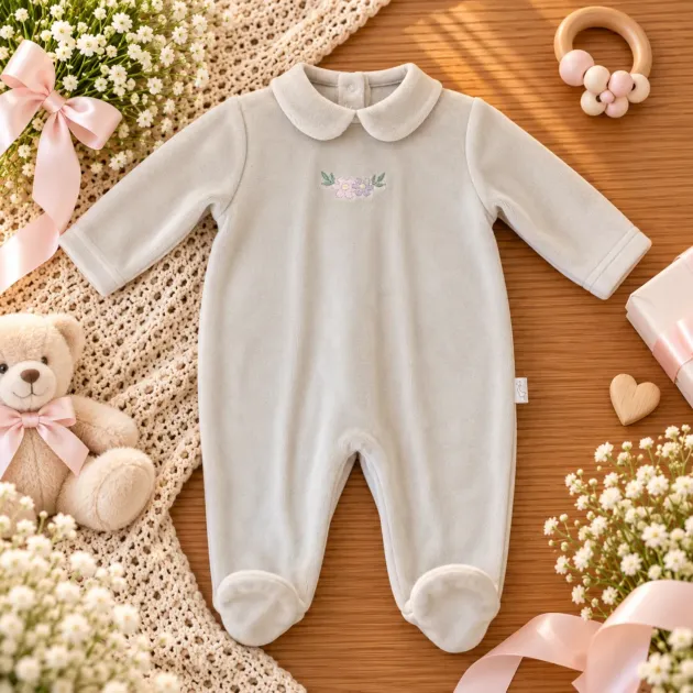 Tutina neonata in ciniglia con ricamo floreale rosa e lilla