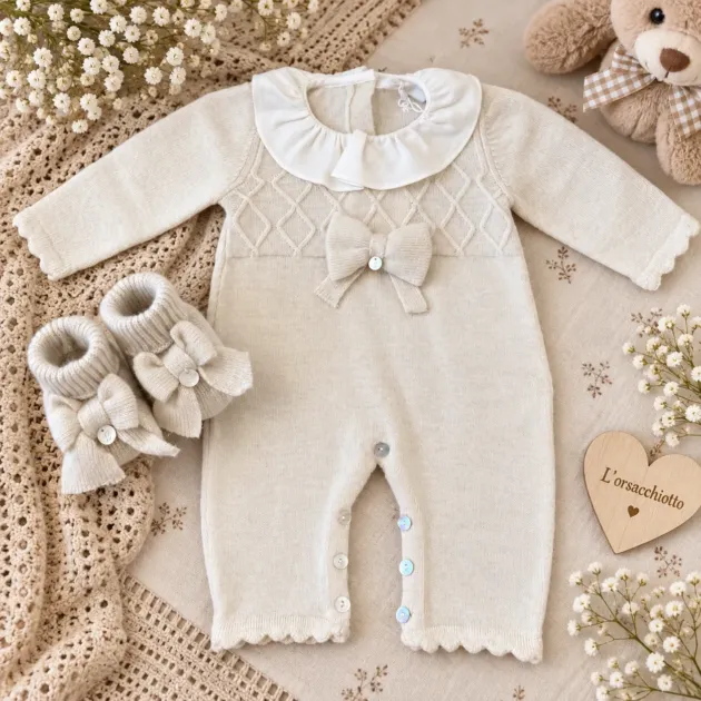 Coordinato nascita neonata beige con babbucce | Misto lan | 64686 | CC