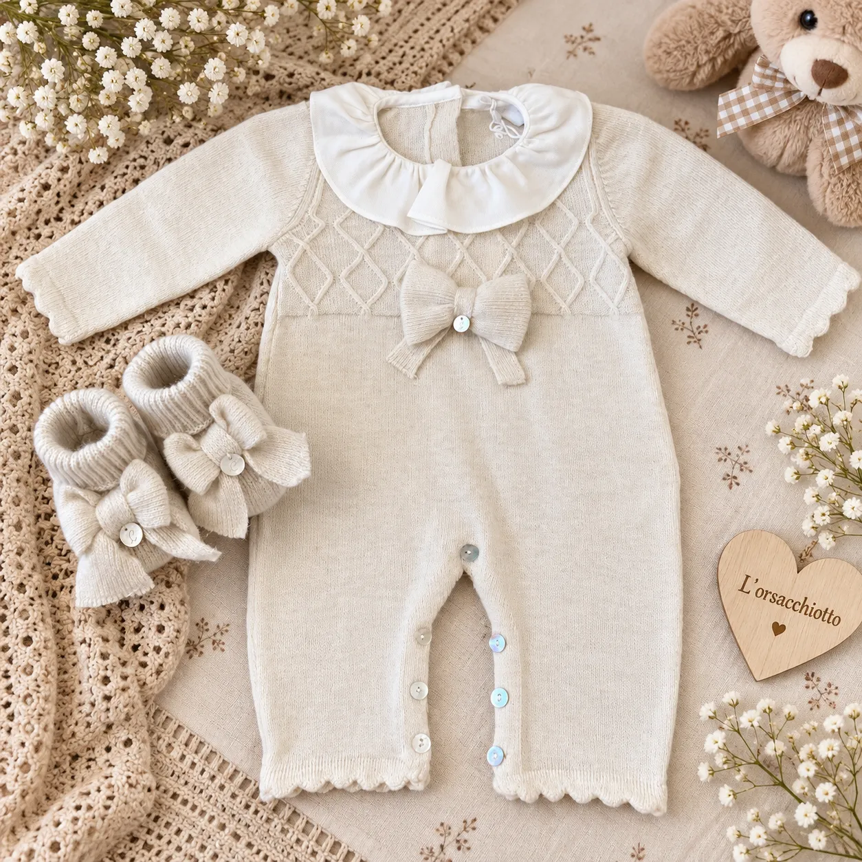Coordinato nascita neonata beige con babbucce | Misto lan | 64686 | CC