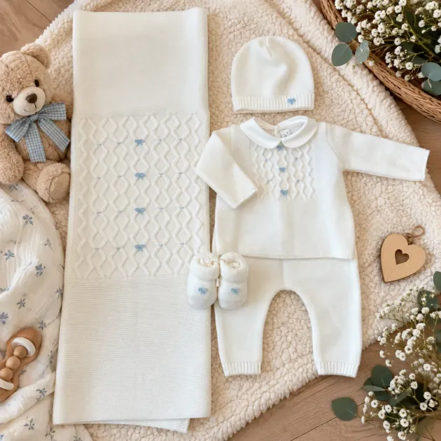Coordinato nascita neonato panna pura lana con fiocchetti 4Pz | 7730111R4E2 | PPC
