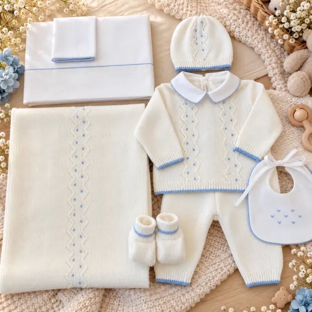 Coordinato nascita neonato in lana bianco e celeste completo