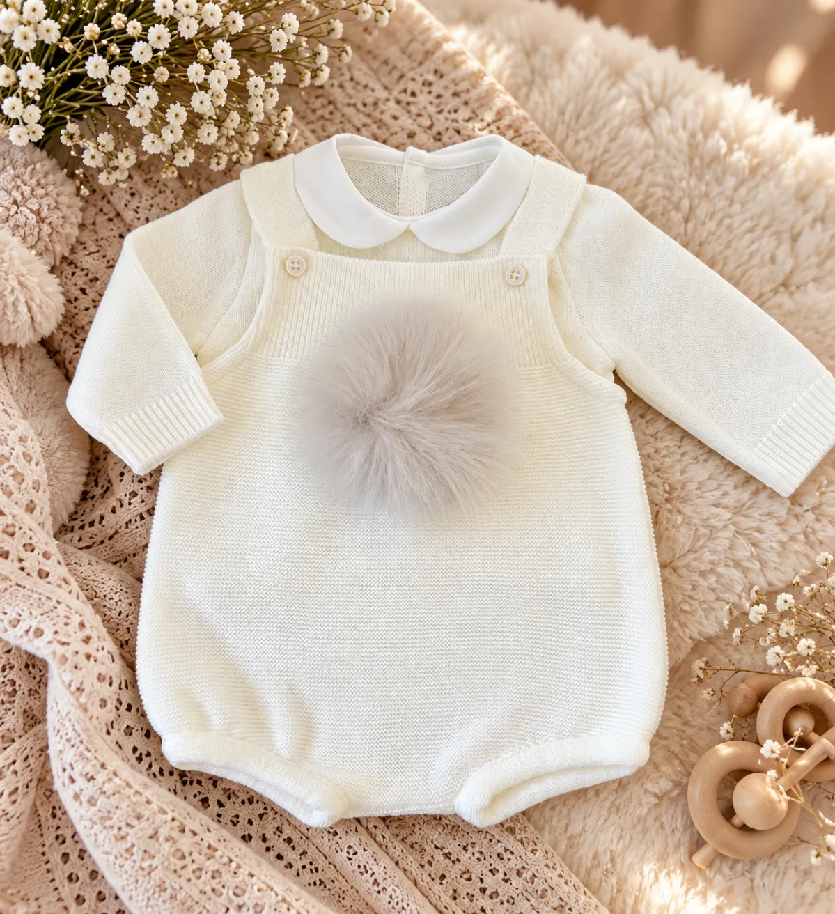 Pagliaccetto neonato elegante panna con pon pon