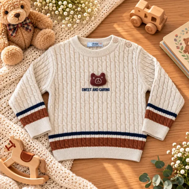 Maglioncino bambino con orsetto e trecce beige Dr. Ki
