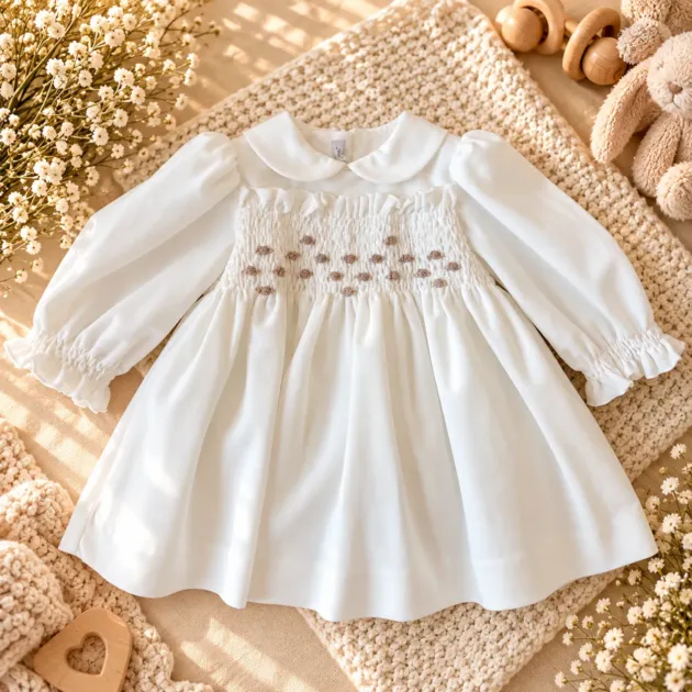Abito cerimonia bambina panna con punto smock e ricami beige