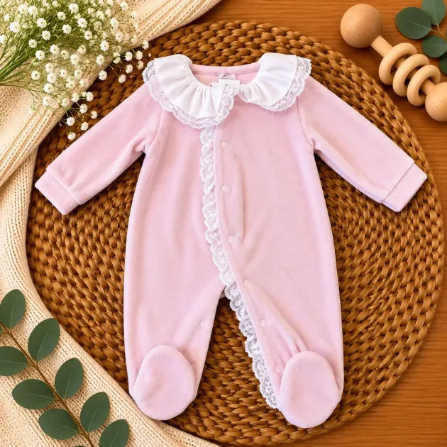 Tutina neonata in ciniglia rosa con colletto e pizzo