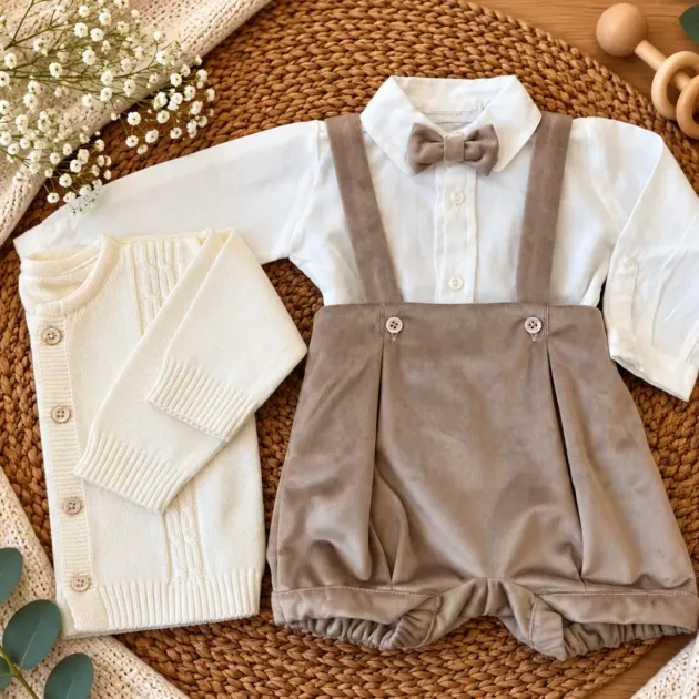 Completo battesimo neonato velluto con cardigan panna