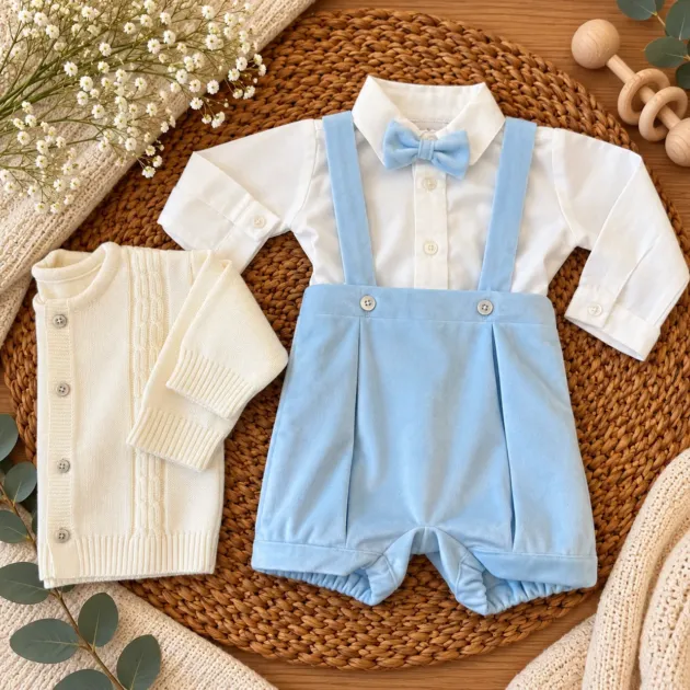 Completo cerimonia neonato celeste con salopette e papillon