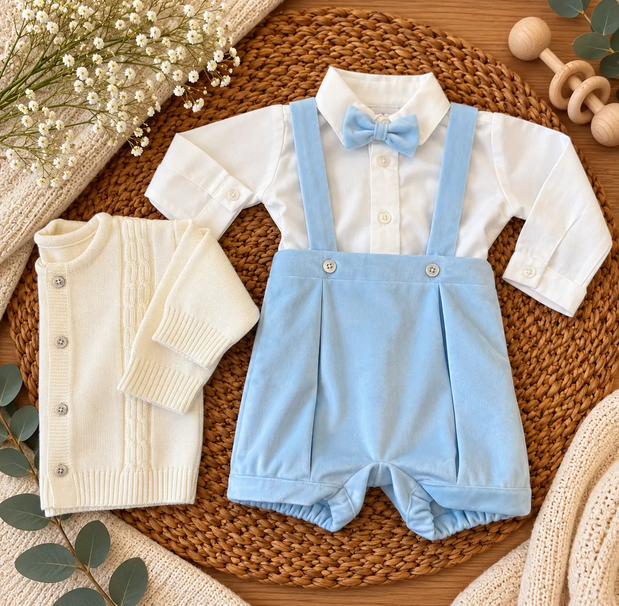 Completo cerimonia neonato celeste con salopette e papillon