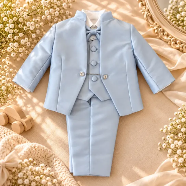 Completo battesimo bambino celeste con giacca e gilet