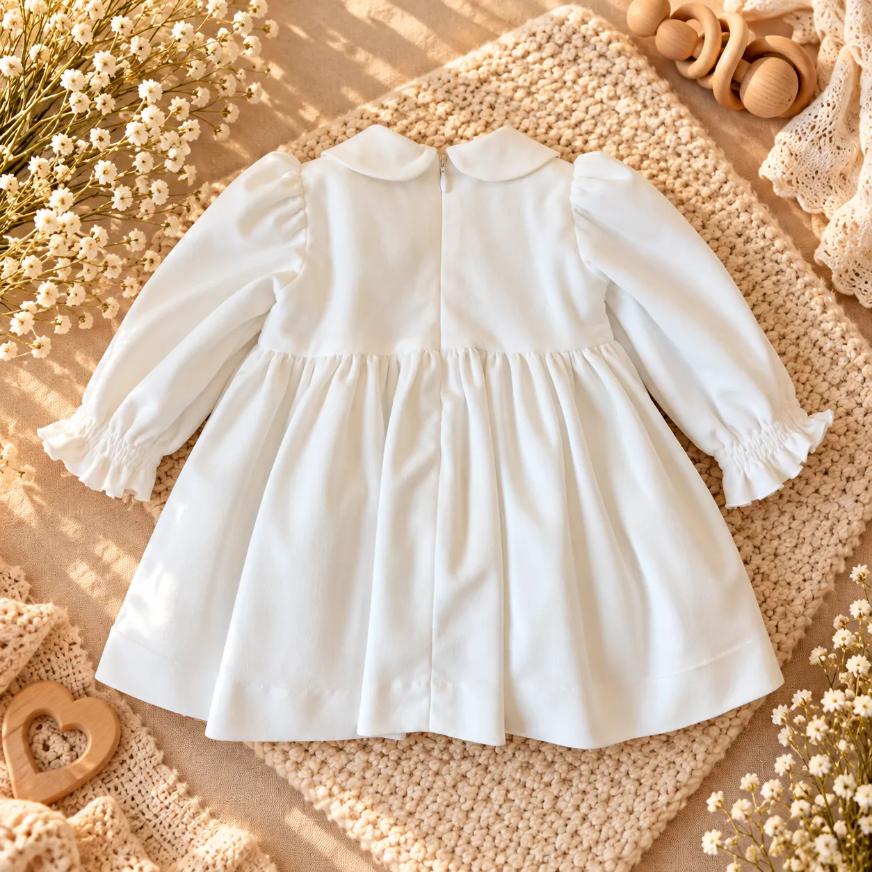 Abito cerimonia bambina panna con punto smock e ricami beige