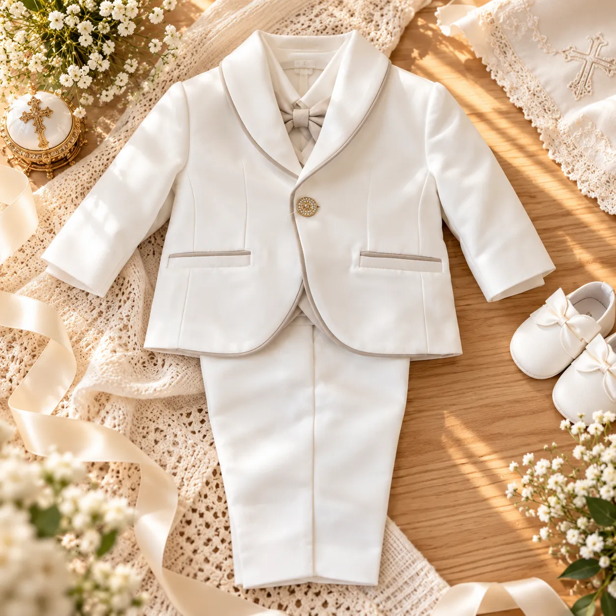Completo battesimo bimbo avorio con gilet be