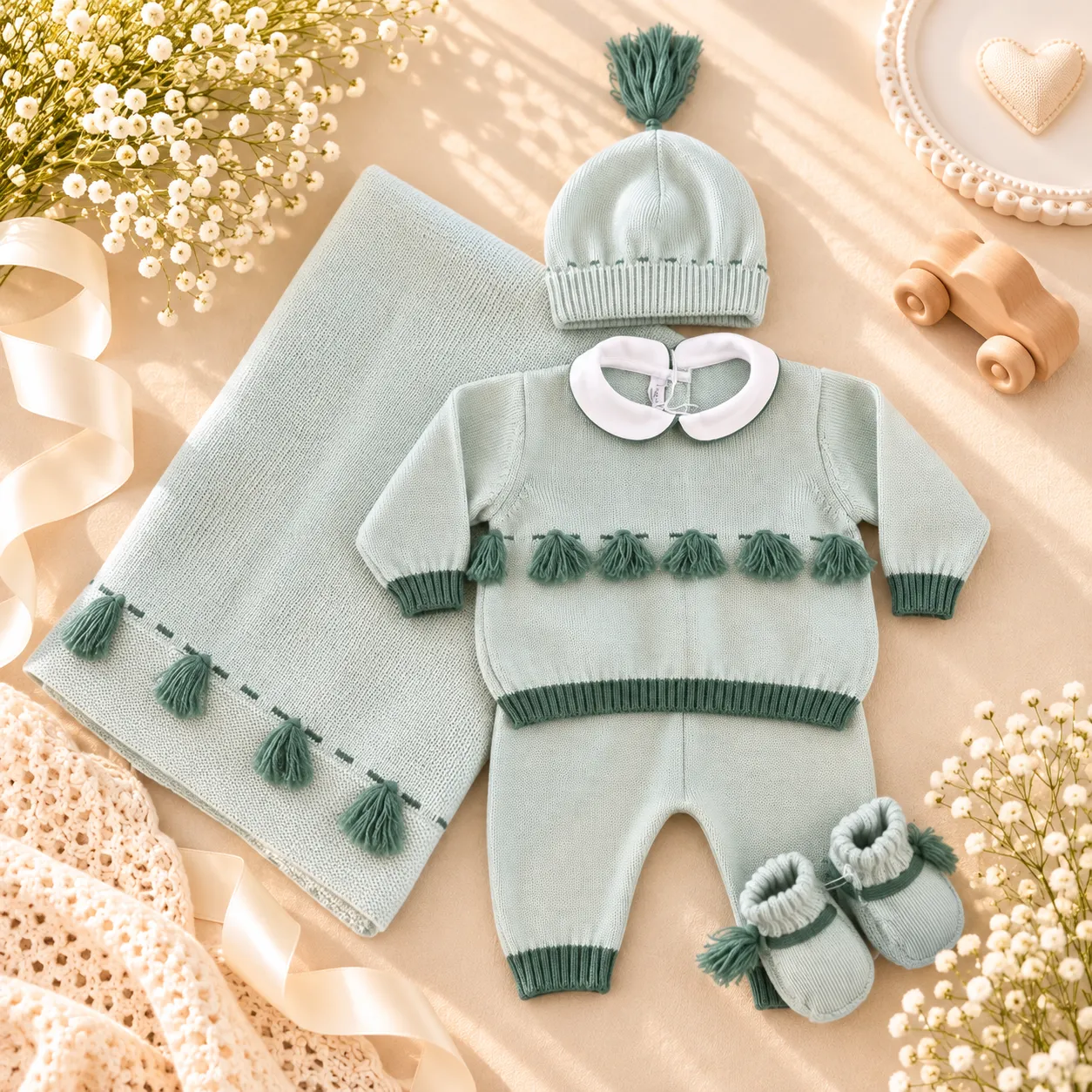 Coordinato nascita neonato 100% lana verde salvia 5 pez