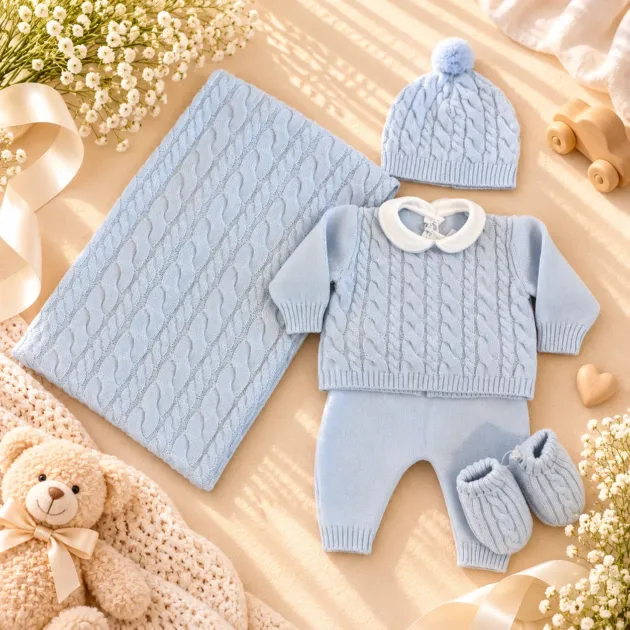 Coordinato nascita neonato 100% lana celeste 4 pezzi