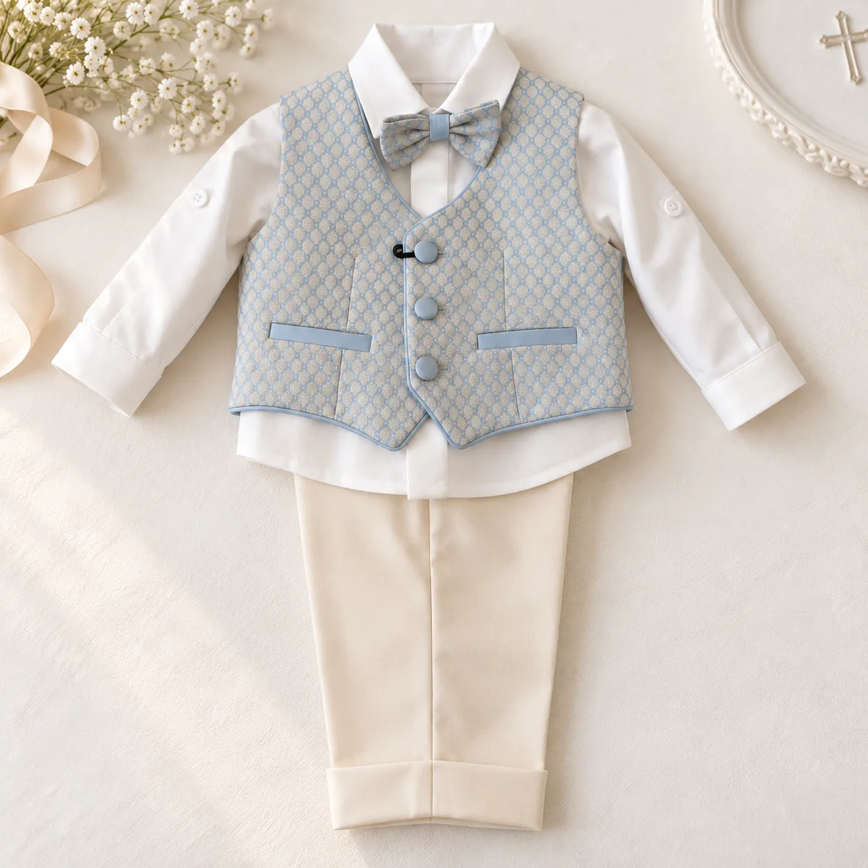 Completo battesimo bambino panna e celeste con gilet fantasia