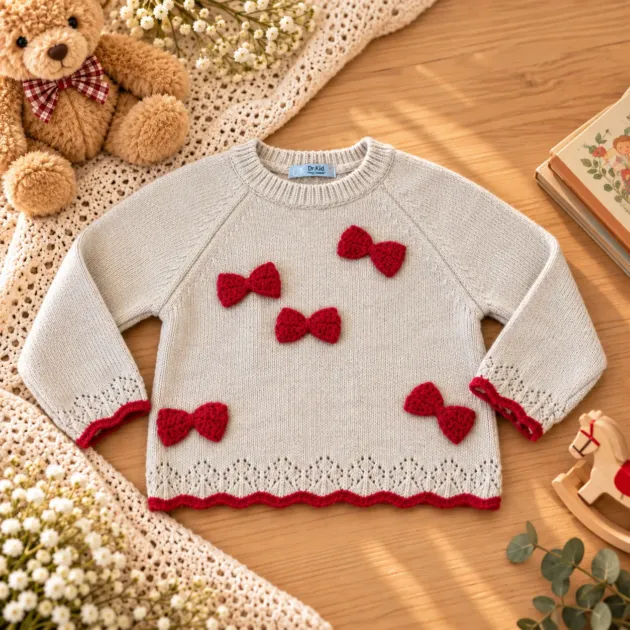 Maglioncino bambina beige con fiocchi rossi