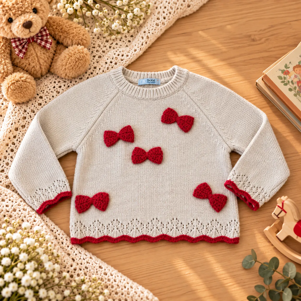 Maglioncino bambina beige con fiocchi rossi