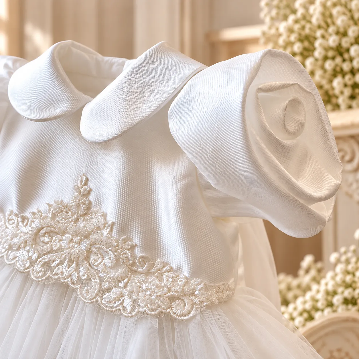 Abito battesimo bambina bianco in tulle con pizzo ricamato - immagine 3