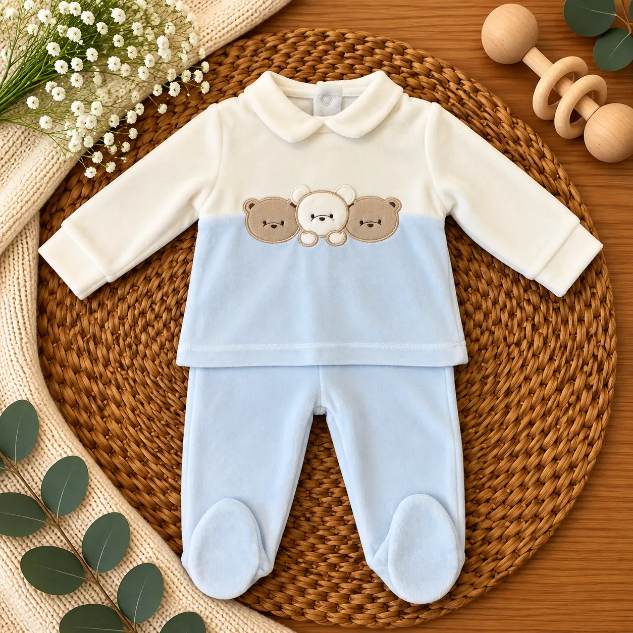 Completo nascita neonato in ciniglia celeste e panna con orsetti
