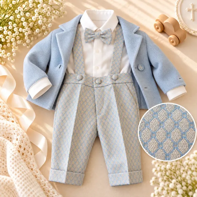 Completo battesimo bambino celeste con pantalone fantasia e bretelle