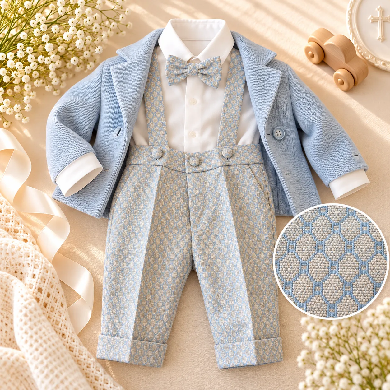 Completo battesimo bambino celeste con pantalone fantasia e bretelle
