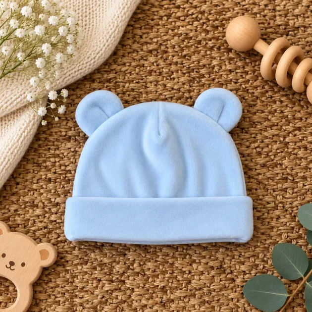 Cappellino neonato ciniglia celeste con orecchiette