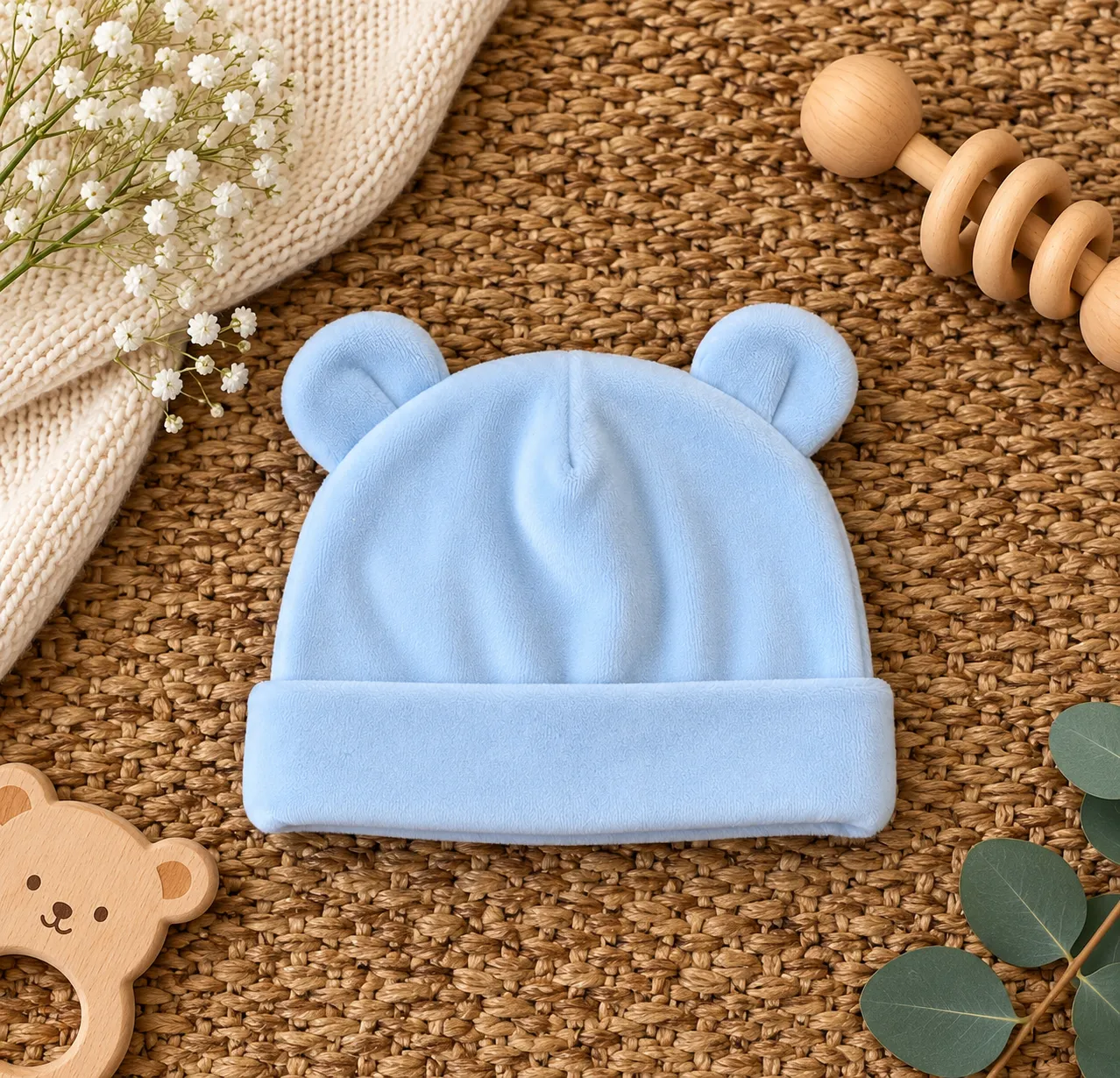 Cappellino neonato ciniglia celeste con orecchiette