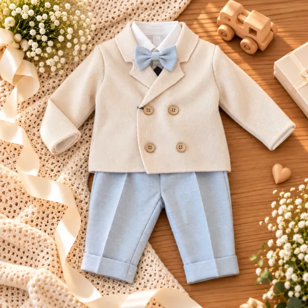 Completo battesimo bambino panna e celeste con cardigan