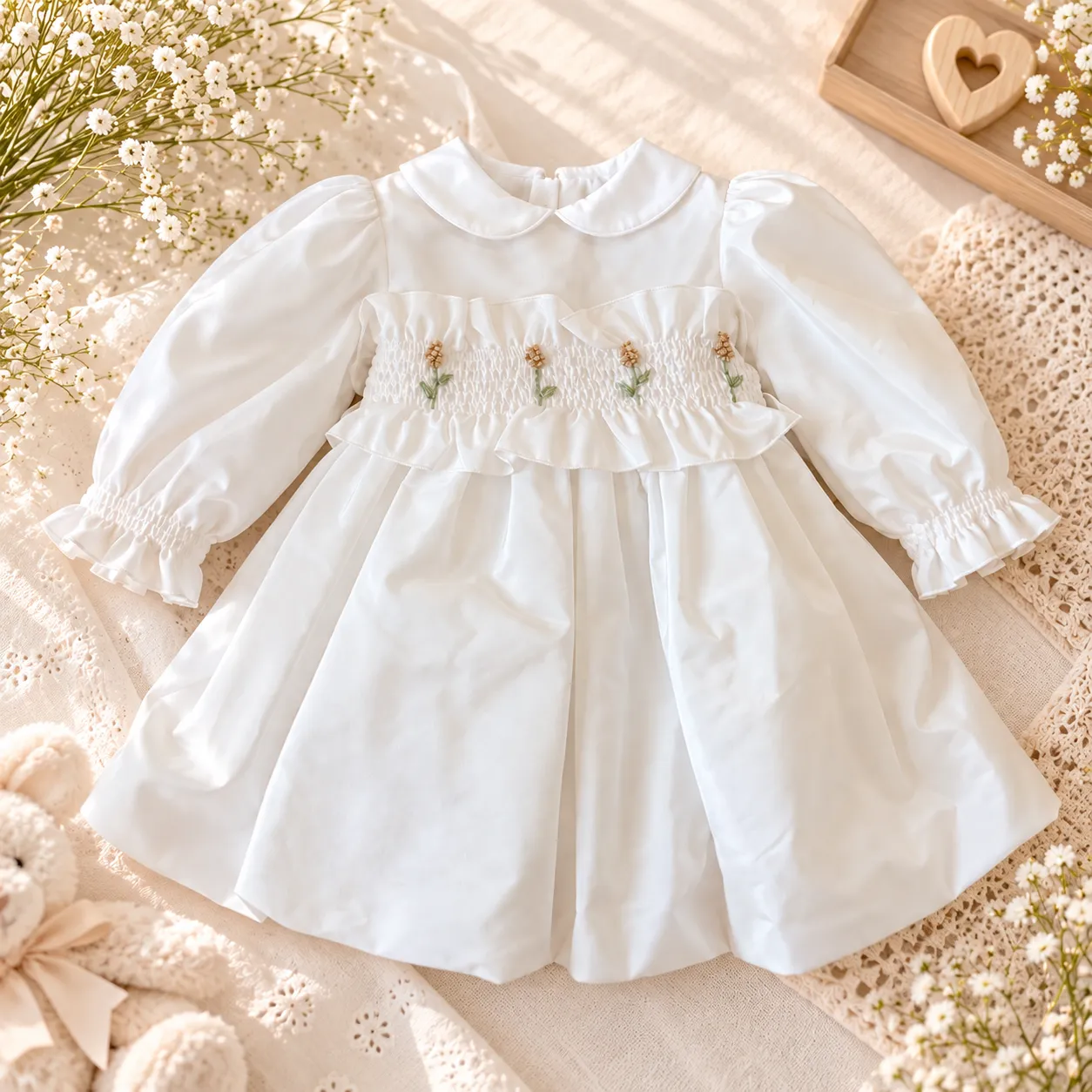 Abito cerimonia bambina in taffetà bianco con ricami fiori