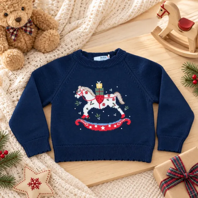 Maglioncino natalizio bambino blu con cavallo a dondol
