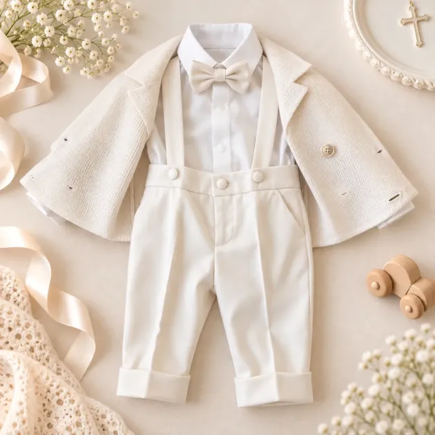 Completo battesimo bambino grigio perla con gilet e papillon