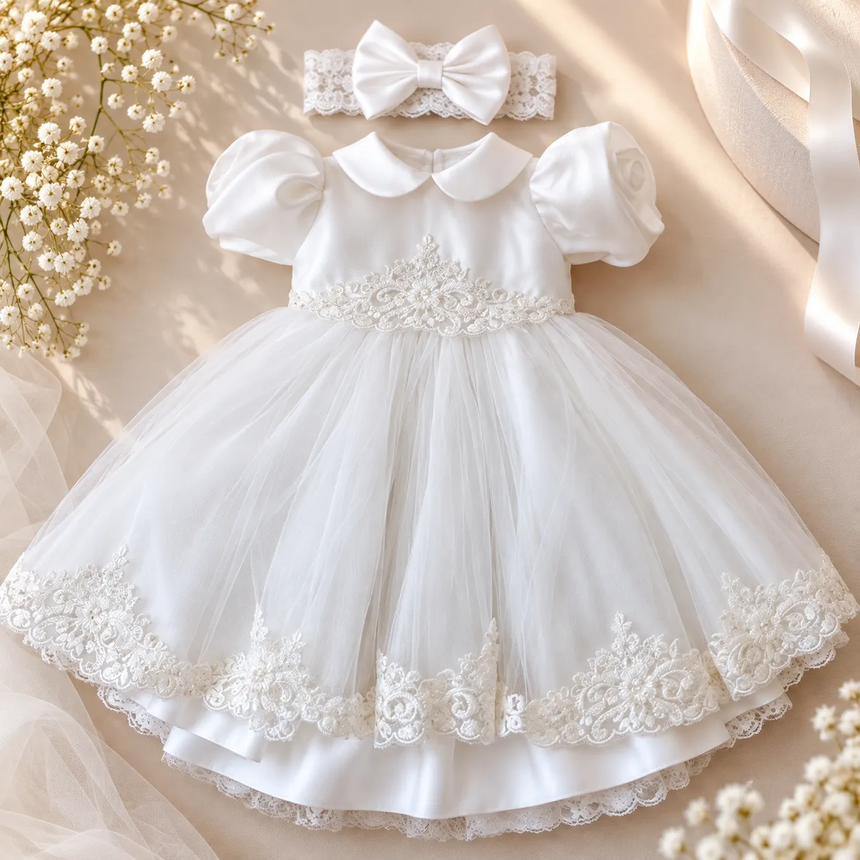 Abito battesimo bambina bianco in tulle con pizzo ricamato