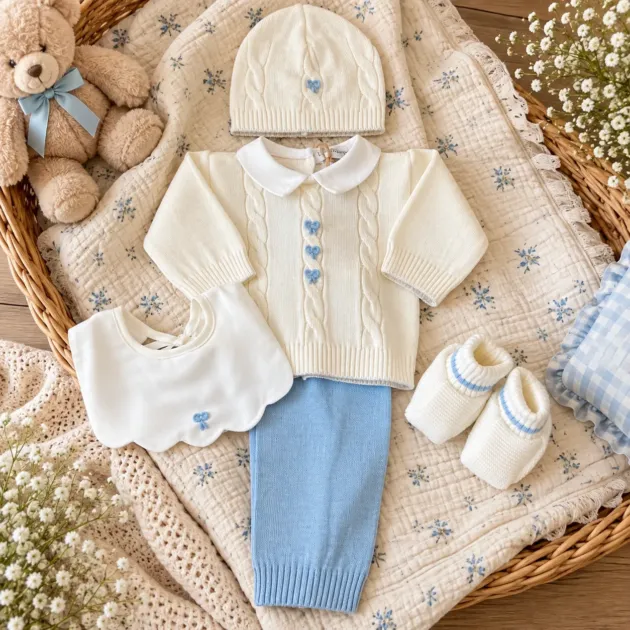 Completo nascita neonato panna e celeste con fiocchetti