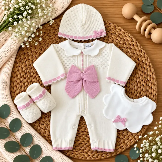 Tutina neonata in misto lana panna con fiocco rosa