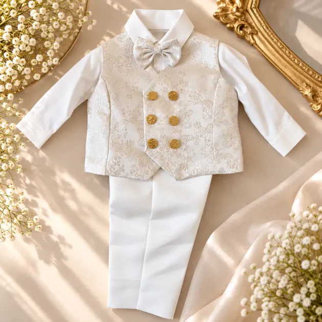 Completo battesimo bambino bianco con gilet damascato, papillon coordinato e bottoni oro
