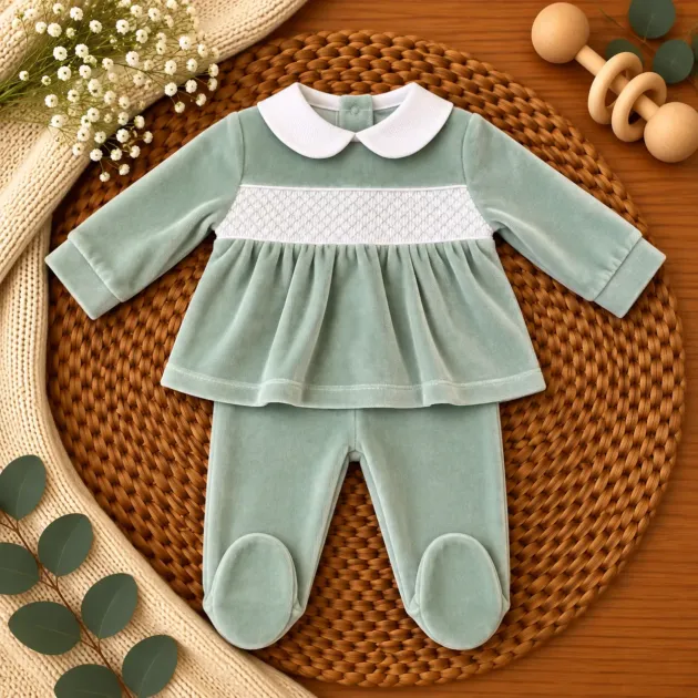 Tutina ciniglia verde salvia punto smock
