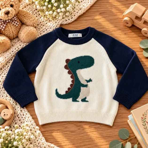 Maglioncino bambino con dinosauro panna e blu Dr. Kid