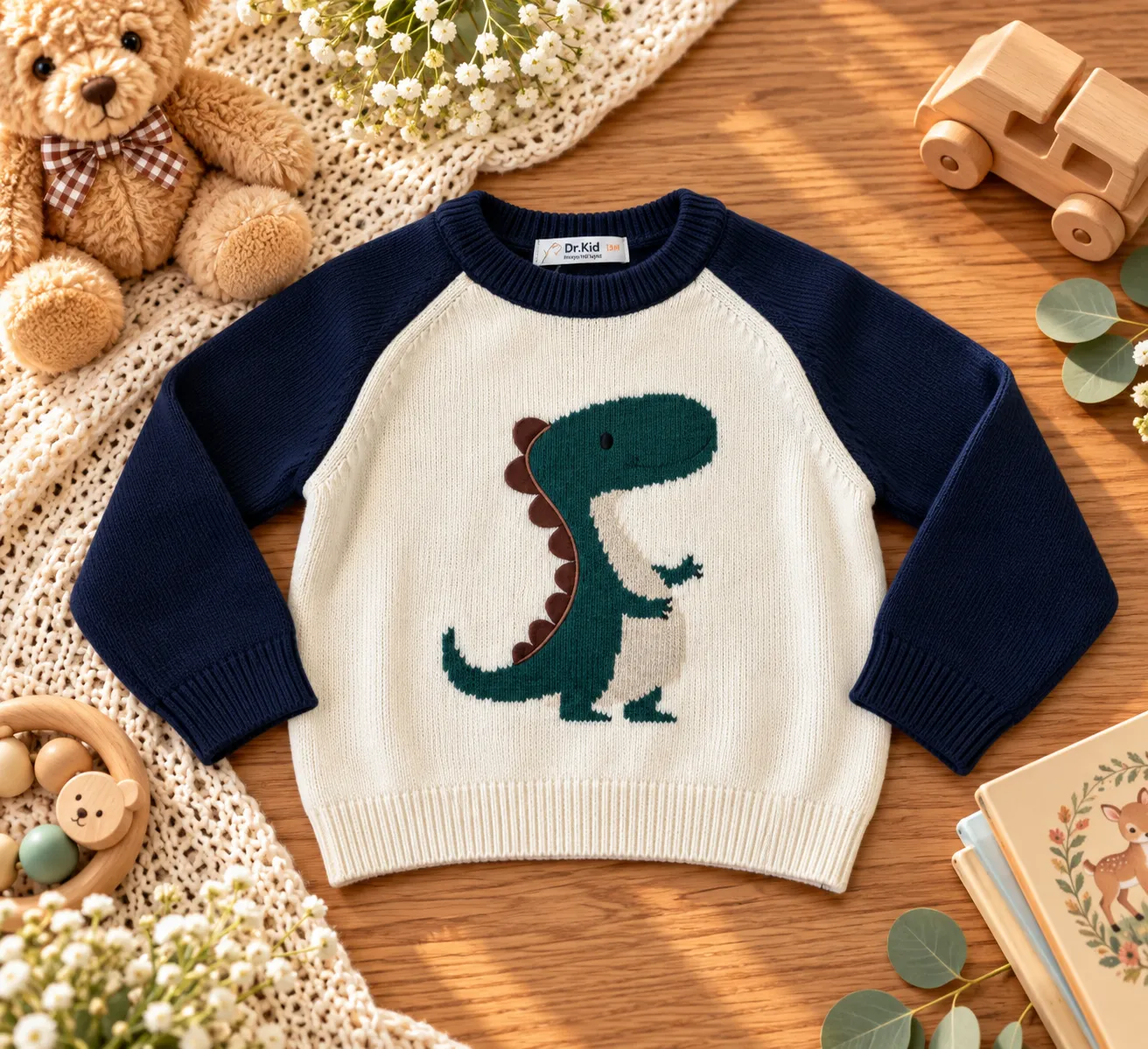 Maglioncino bambino con dinosauro panna e blu Dr. Kid