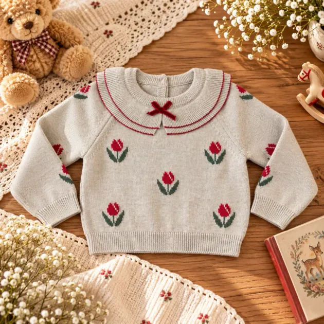 Maglioncino bambina beige con tulipani rossi e