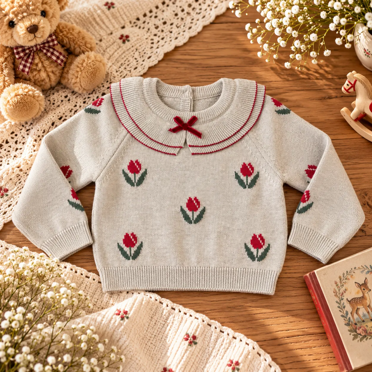 Maglioncino bambina beige con tulipani rossi e