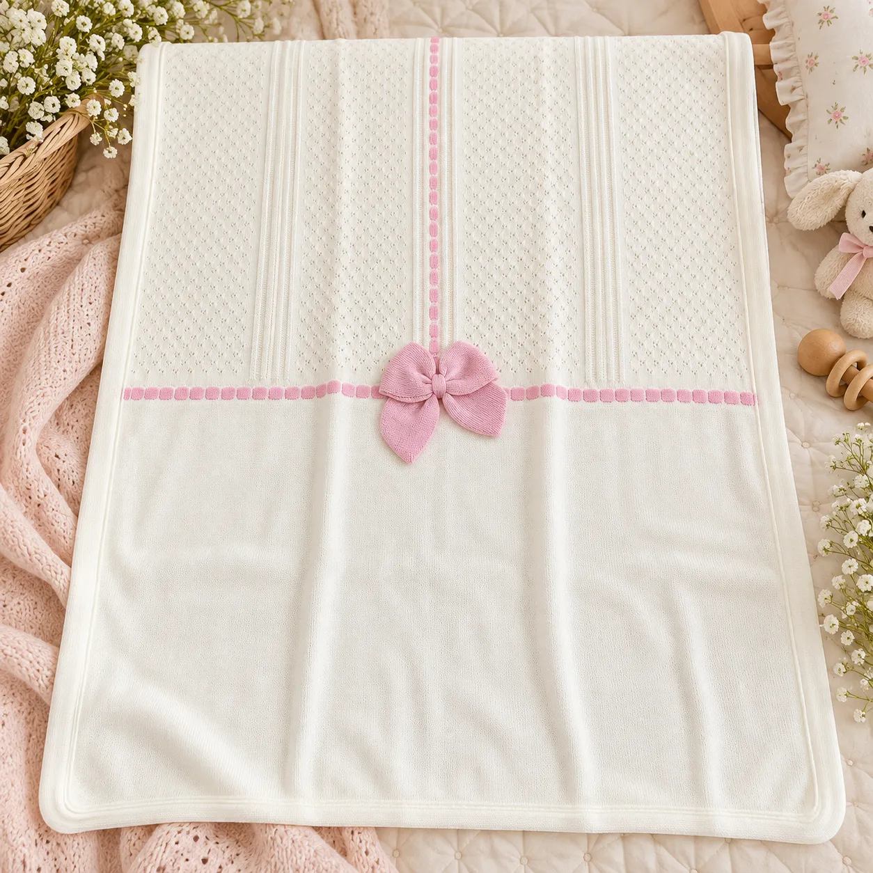 Coperta neonata in misto lana panna e rosa - immagine 2